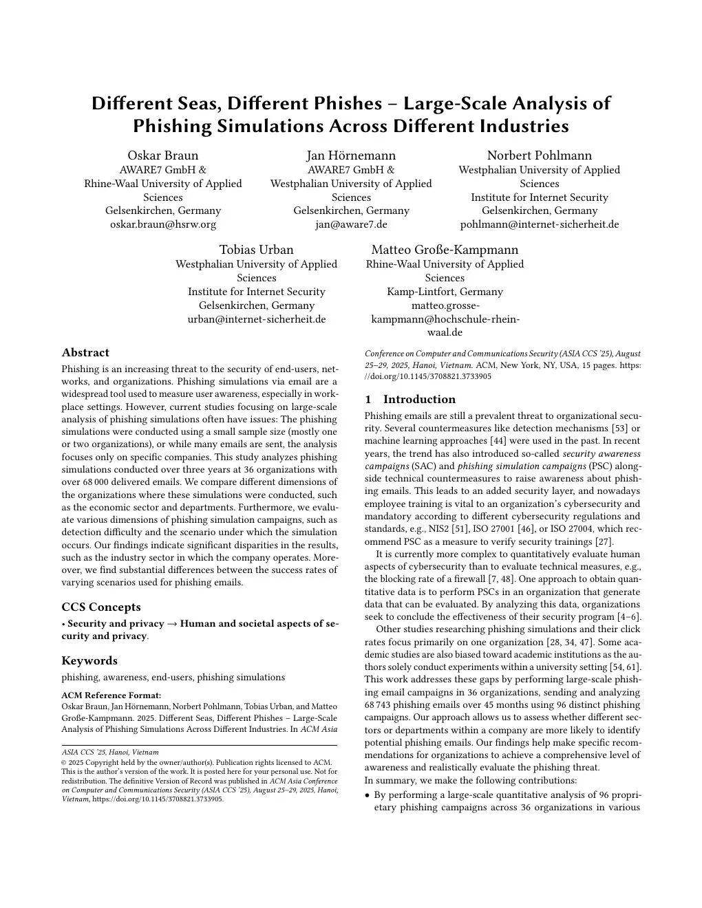 Erste Seite des Papers: Different Seas, Different Phishes - Large-Scale Analysis of Phishing Simulations