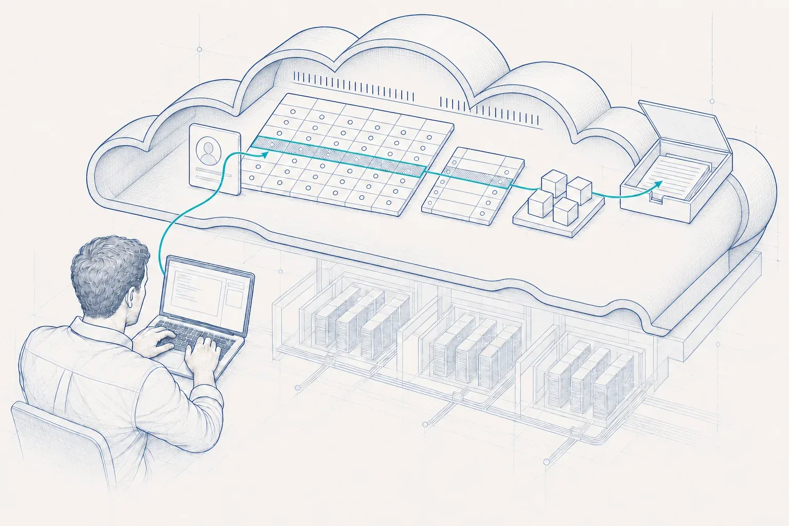 Ein Prüfer am Laptop verfolgt einen Pfad in ein Cloud-Konto: über eine Identität, eine zu weit gefasste Berechtigung und eine offene Firewall-Regel bis zu einem offenen Speicher. Darunter die Rechenzentren des Providers, die nicht Teil der Prüfung sind.