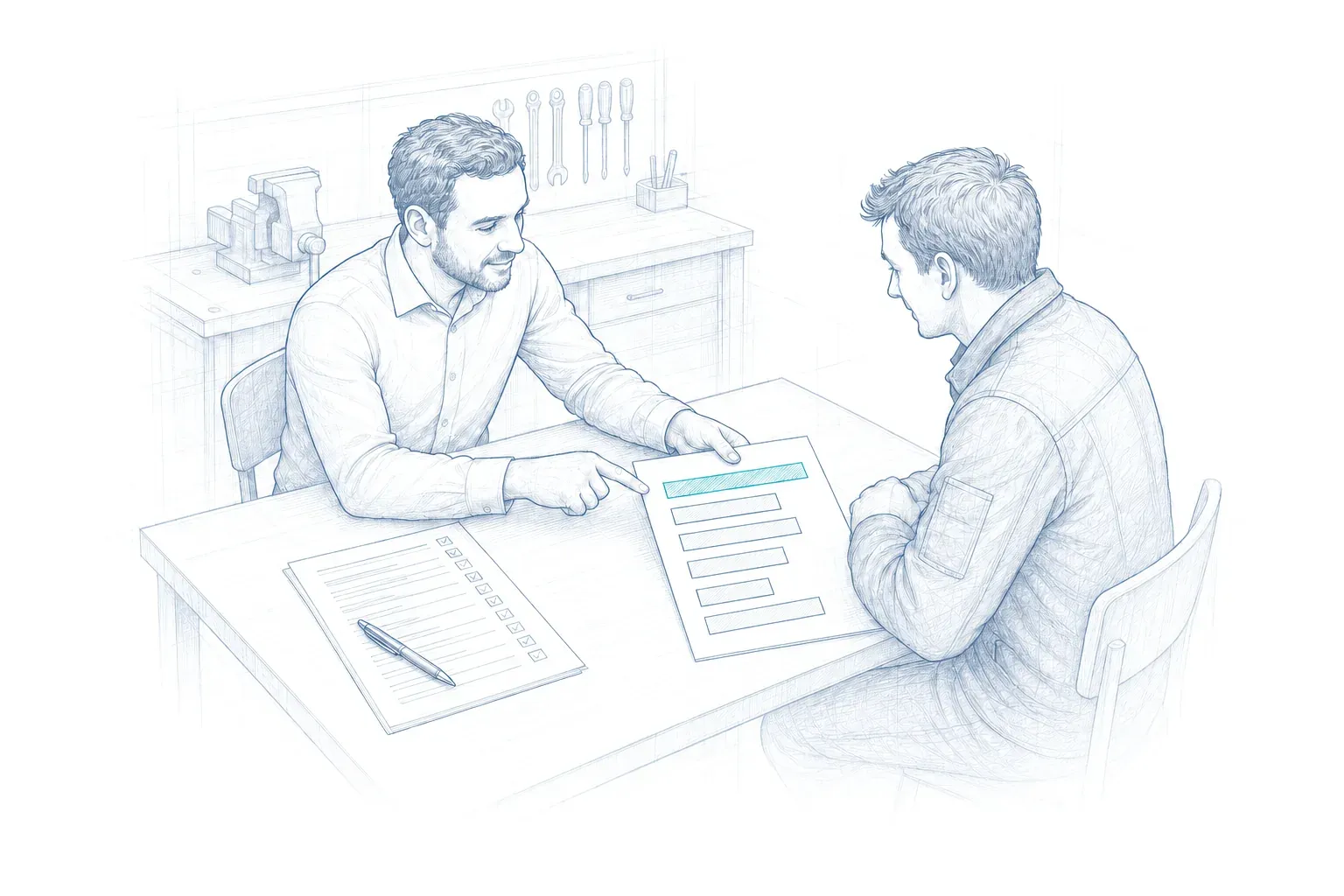 Ein Berater zeigt dem Inhaber eines Handwerksbetriebs den Risikobericht und markiert die wichtigste Maßnahme. Daneben liegt der ausgefüllte Fragebogen, im Hintergrund die Werkbank.