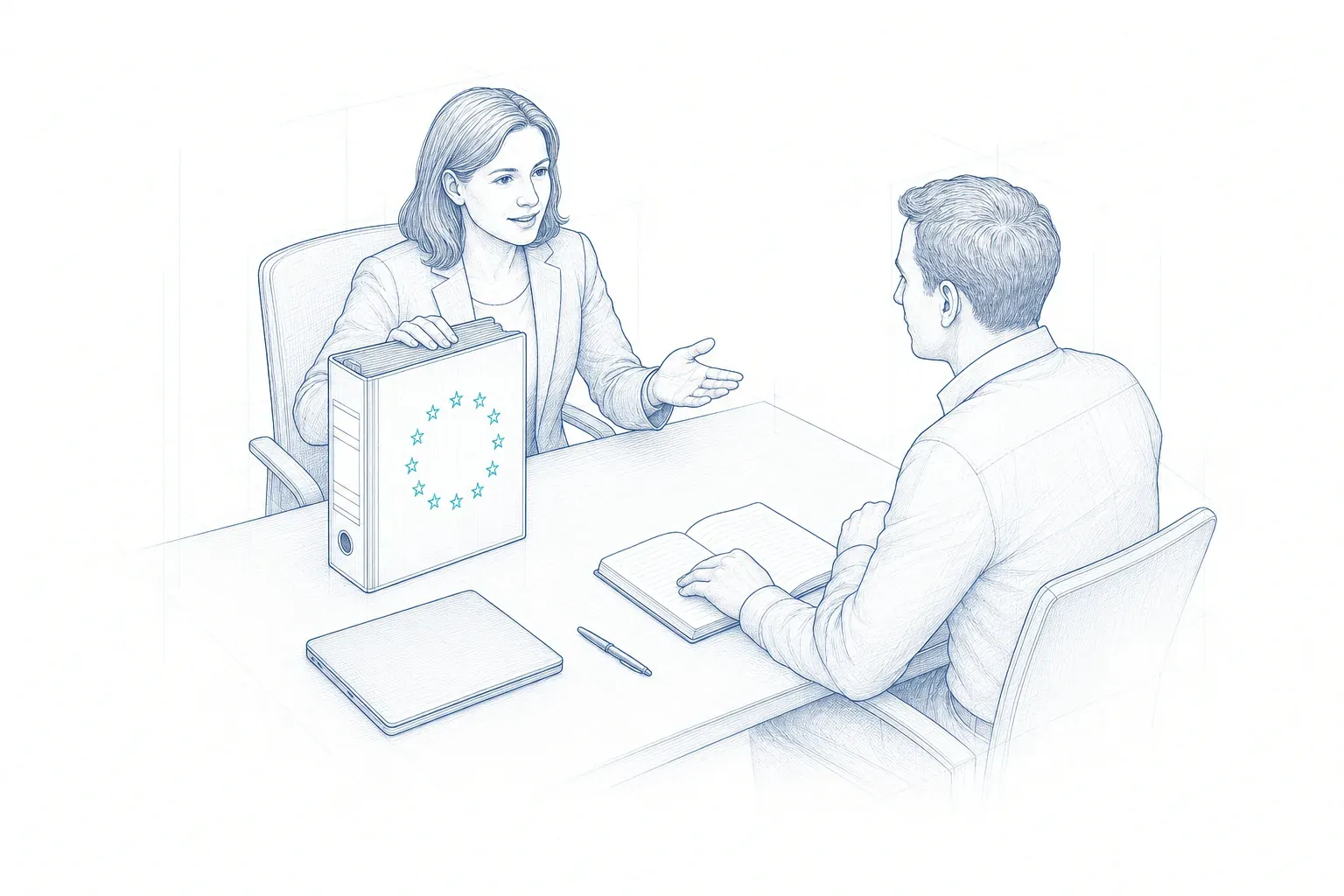 Eine Datenschutzbeauftragte erklärt einem Geschäftsführer am Besprechungstisch die Datenschutz-Dokumentation im Ordner.