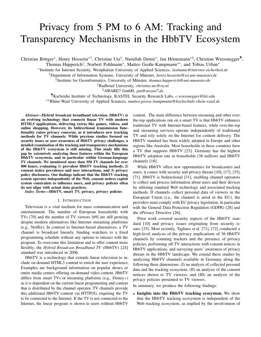 Erste Seite des Papers: Privacy from 5 PM to 6 AM: Tracking and Transparency in the HbbTV Ecosystem