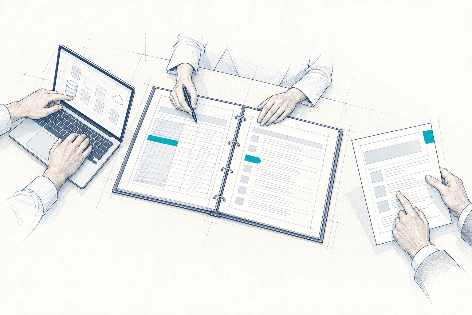 Gemeinsame Arbeit an IT-Unterlagen, Risikoregister und einer Entscheidungsvorlage.