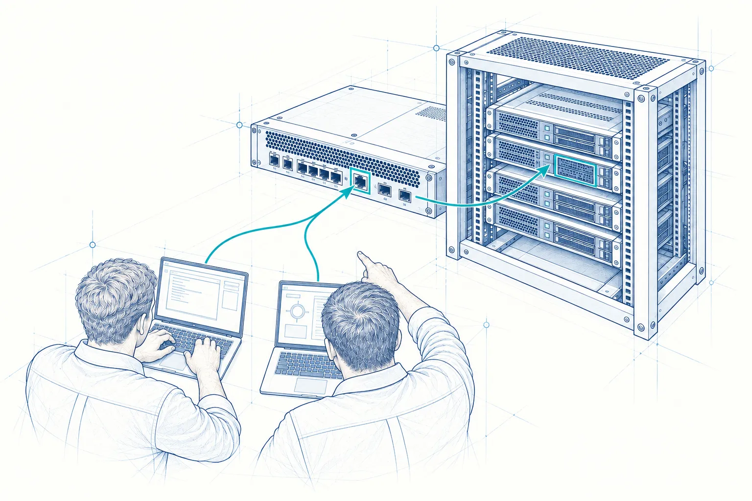Zwei Pentester koordinieren ihre Angriffsversuche über einen gemeinsamen Netzwerkzugang auf ein abgegrenztes Zielsystem.