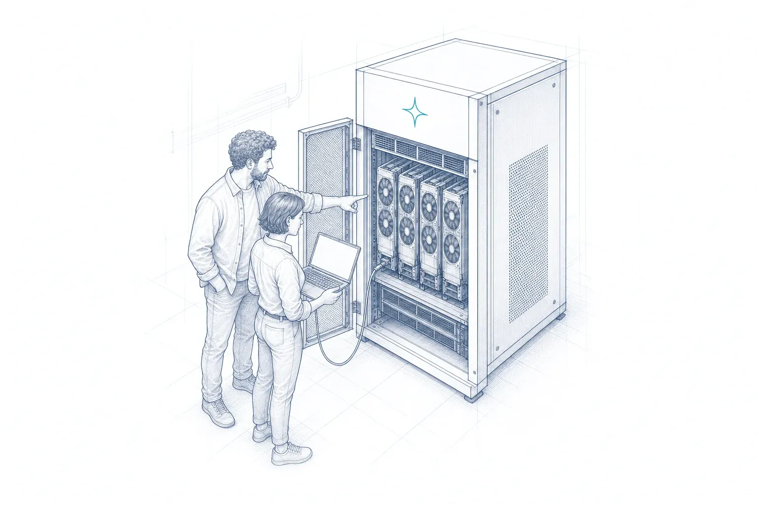 Eine Testerin und ein ML-Ingenieur prüfen einen geöffneten GPU-Server, ihr Laptop ist per Kabel angeschlossen.