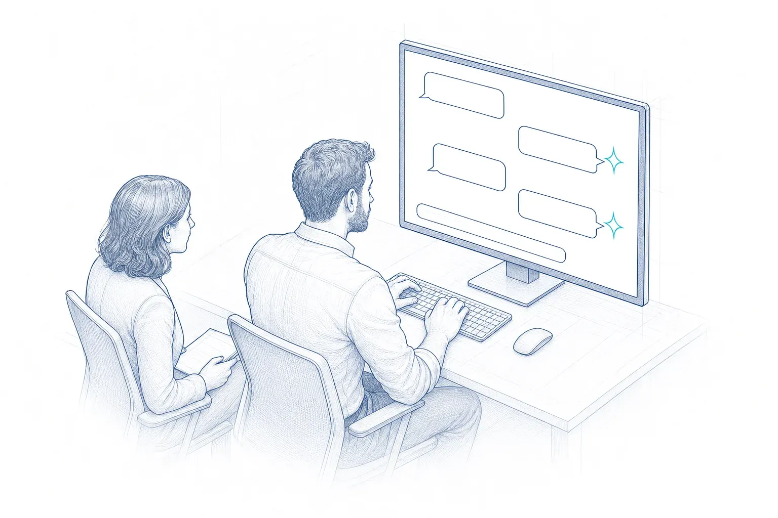 Ein Tester gibt Prüfeingaben in den KI-Assistenten auf dem Monitor ein, die Produktverantwortliche verfolgt die Antworten.