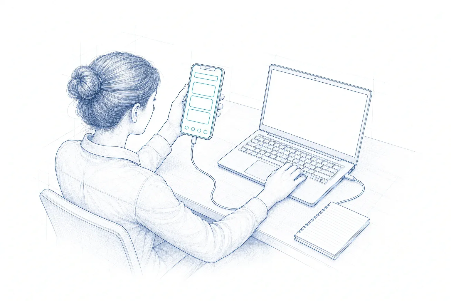 Eine Testerin hält ein Smartphone mit der zu prüfenden App, das per Kabel mit ihrem Laptop verbunden ist.