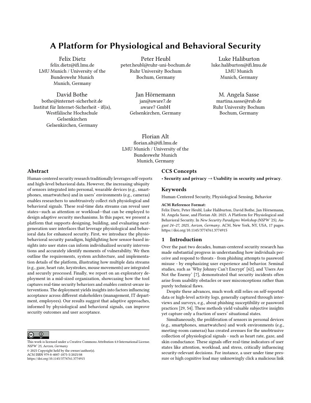 Erste Seite des Papers: A Platform for Physiological and Behavioral Security