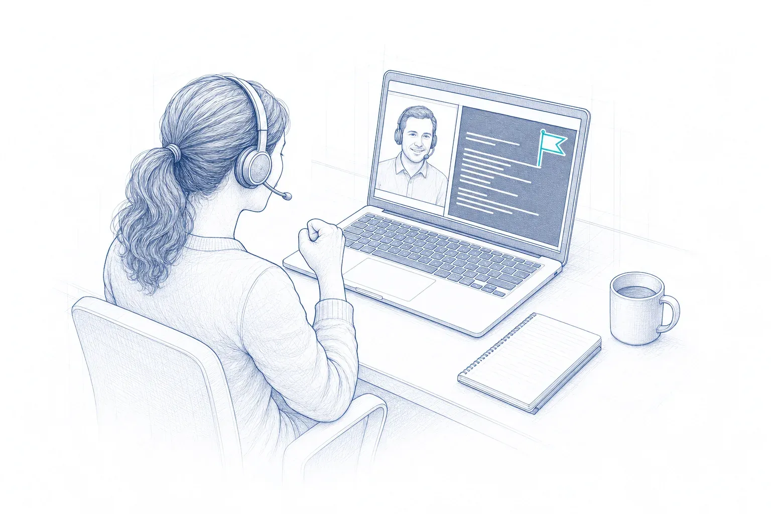 Eine Teilnehmerin mit Headset freut sich am Laptop über die gelöste Lab-Aufgabe, daneben der Trainer im Videofenster.