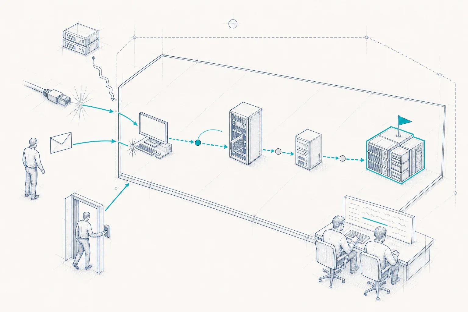 Drei Einstiegswege ins Unternehmen, über das Netzwerk, eine E-Mail und eine Tür mit Kartenleser, führen zu einem Weg durch die internen Systeme bis zu den Kronjuwelen. Rechts beobachtet das Verteidigerteam am Monitor.