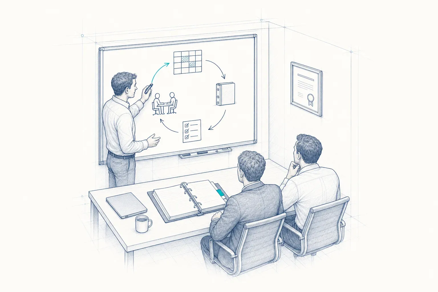 Ein Berater erklärt Geschäftsführung und IT-Leitung am Whiteboard den Kreislauf eines ISMS aus Risikobewertung, Richtlinien, internem Audit und Management-Review. Auf dem Tisch liegt der ISMS-Ordner, an der Wand hängt ein Zertifikat.