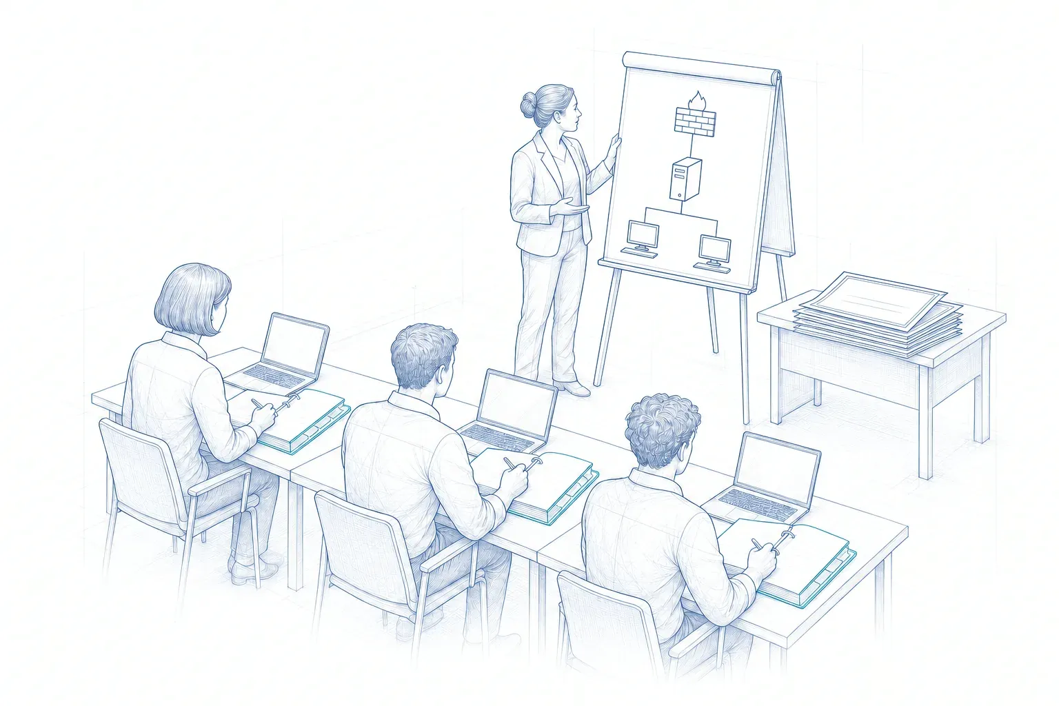 Eine Trainerin erklärt am Flipchart eine Netzwerkskizze, drei Teilnehmende arbeiten mit Lehrgangsordnern und Laptops.