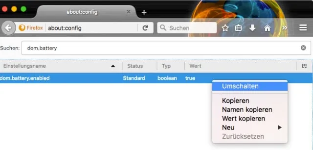 Mozilla entfernt Battery API - den Wert umschalten, deaktiviert die API manuell.