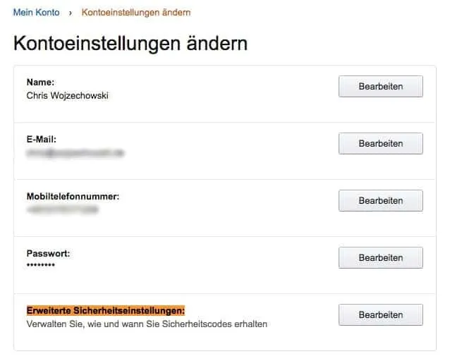 Die erweiterten Sicherheitseinstellungen, um das Amazon Konto sichern zu können, sind etwas versteckt