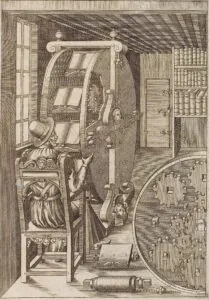 Historical illustration of Ramelli's 16th century bookwheel, an early mechanical reading device supporting multiple books