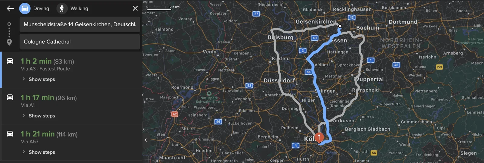 DuckDuckGo route options showing choice between car and walking as transport modes
