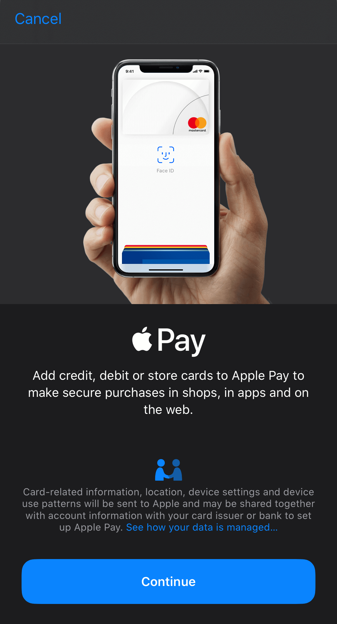 Der Einrichtungsbildschirm von Apple Pay unter iOS