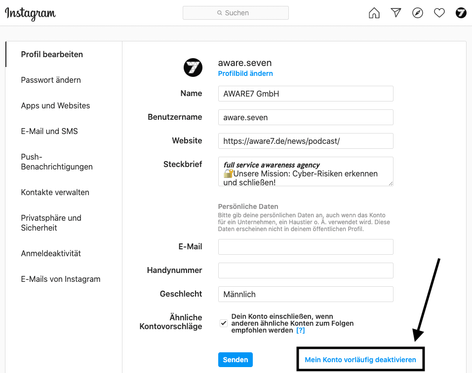 Instagram Konto deaktivieren Web App