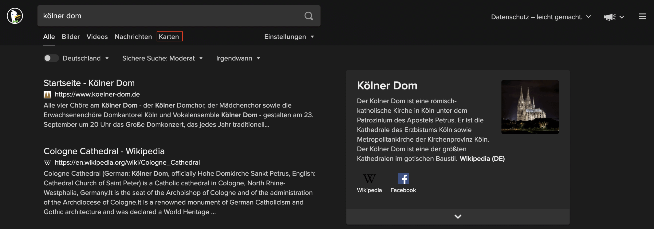 Kartenansicht Duckduckgo