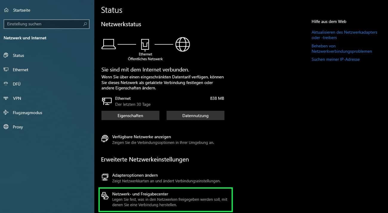 Netzwerk- und Freigabecenter oeffnen