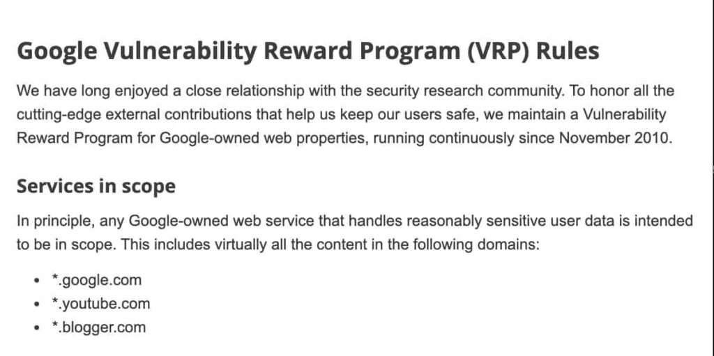 Spezifikation vom Google Bug Bounty Programm