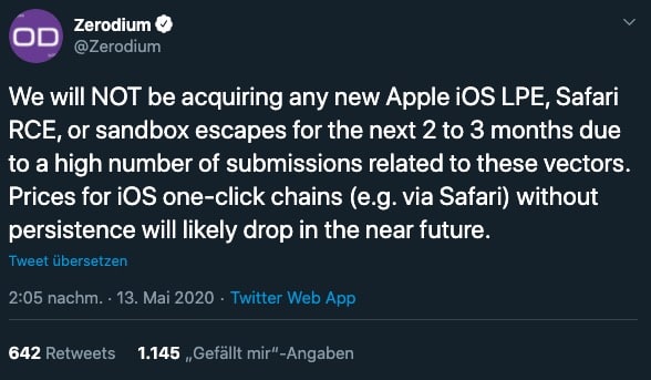The sale of iOS vulnerabilities is no longer attractive. A jailbreak becomes more likely.