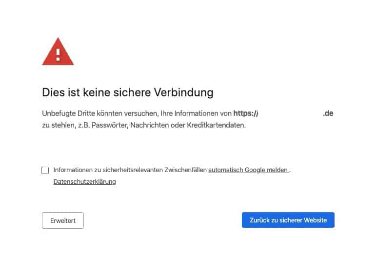 Bei für ungültig erklärten Zertifikaten erscheint eine Warnmeldung