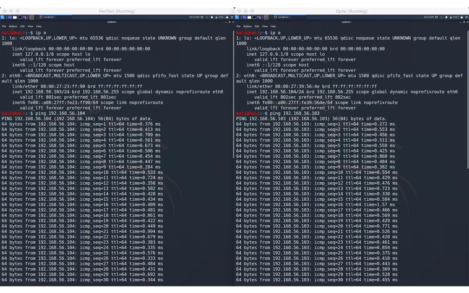 VirtualBox screenshot showing two virtual machines communicating via host-only network adapter