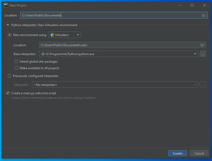 Pycharm neues Projekt