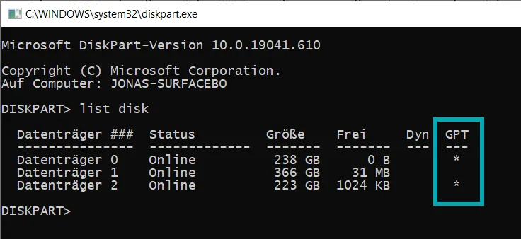 Diskpart Windows list vol gpt