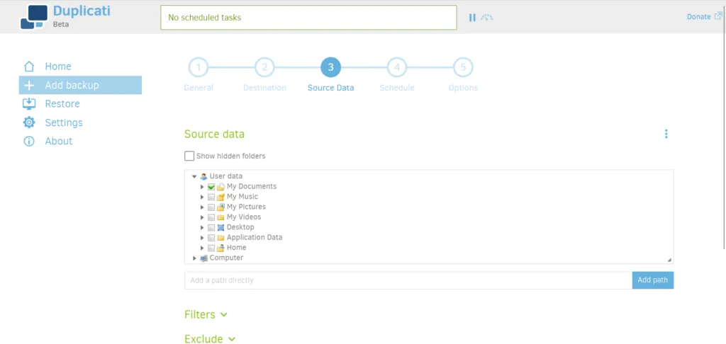 Die Auswahl der zu sichernden Orte im Webinterface