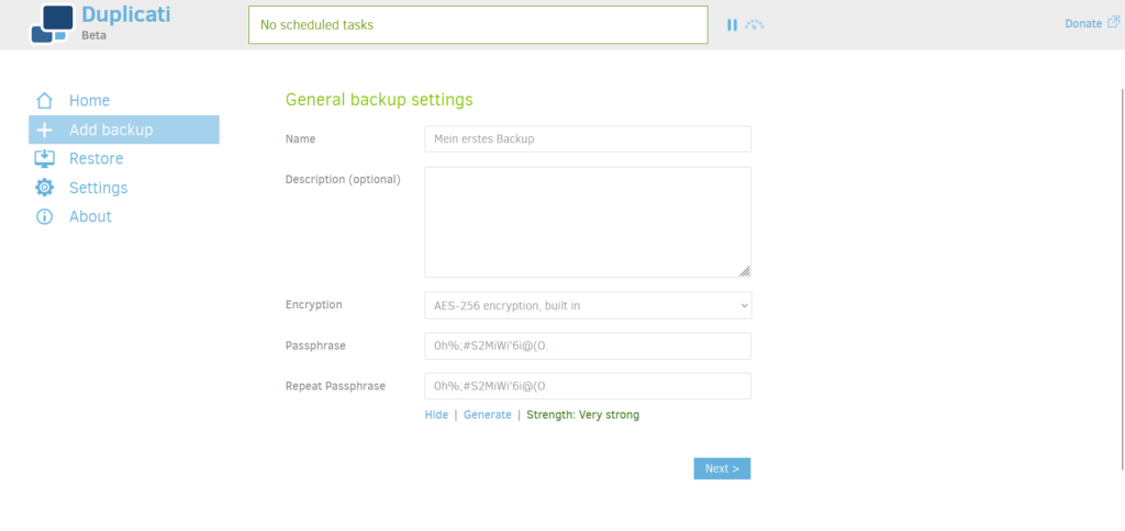 Die Einstellungen von Duplicati zur Sicherungsverschlüsselung