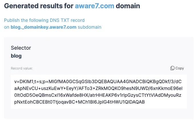 EasyDMARC DKIM Record Generator zeigt DNS TXT-Record für die Domain aware7.com