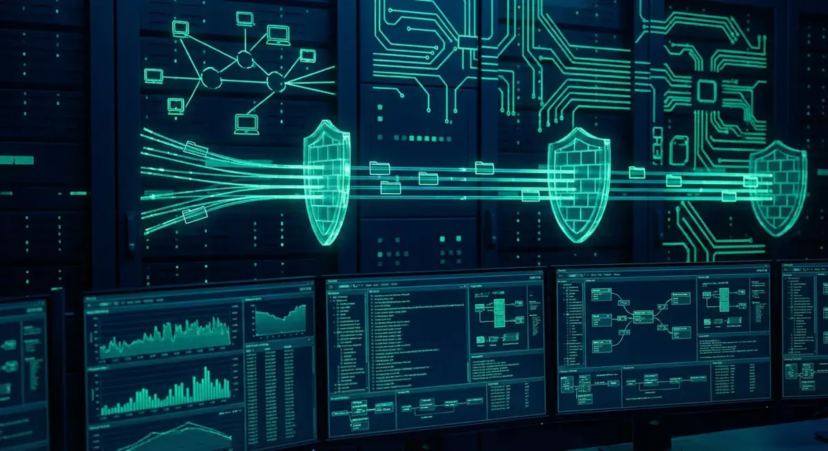Network Traffic Analysis: Wireshark, Zeek und Suricata für Security-Teams - Illustration zur Netzwerksicherheit mit Firewall und Monitoring