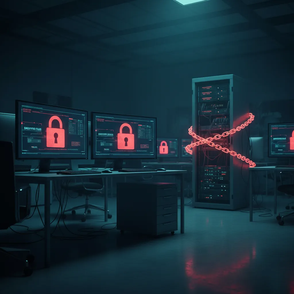 Ransomware-Angriff Konzept - verschlüsselte Bildschirme und digitale Ketten an einem Serverrack