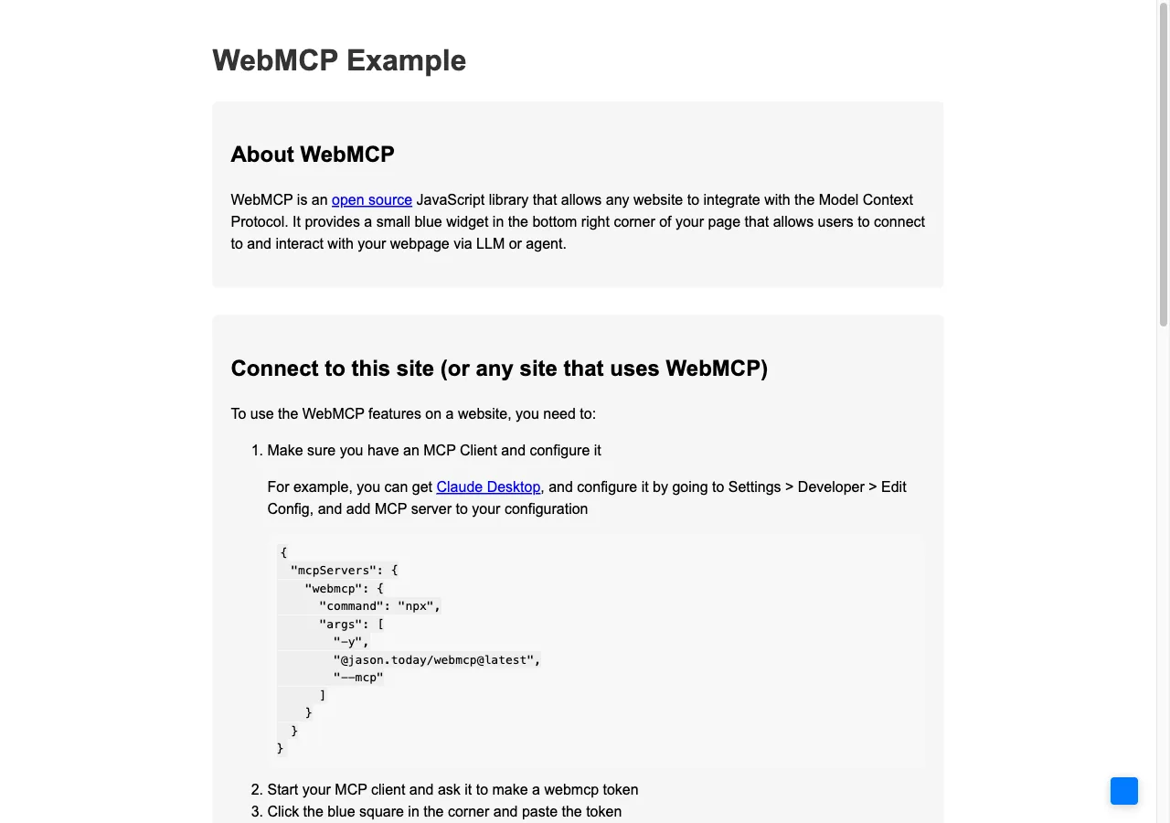 Die WebMCP-Bibliothek auf webmcp.dev mit blauem Verbindungs-Widget, nicht identisch mit dem W3C-Entwurf